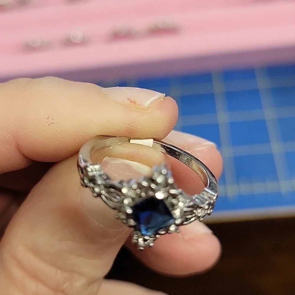 Dark Blue & Rhinestone Silver Tone Ring Size 9